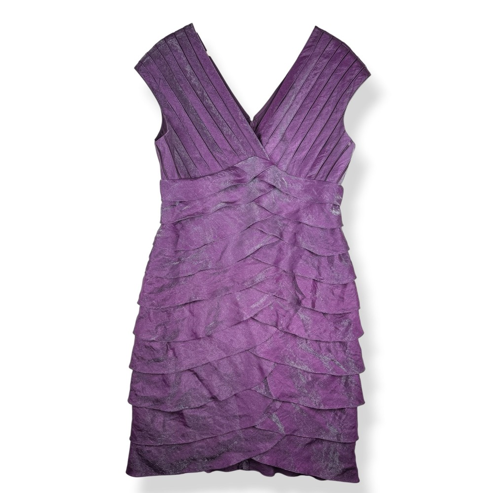 Adrianna Papell Dress Womens Size 14 Purple Metallic Glam Tiered Ruffle Cocktail